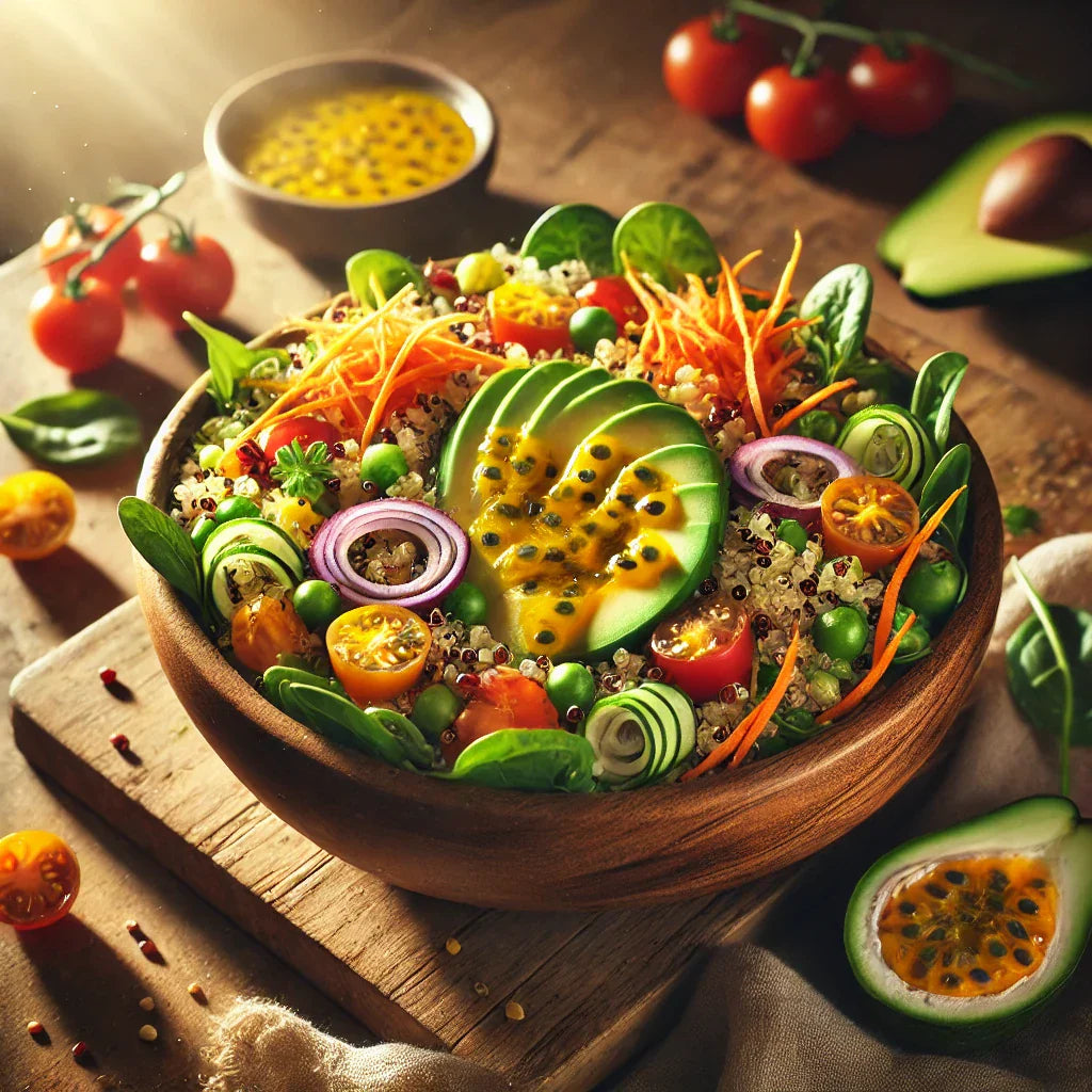 Ensalada de Quinoa con Vegetales Frescos y Vinagreta de Maracuyá 🌿✨